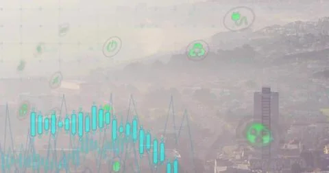 Displaying digital graph overlay on hazy city valley, with line graph bar plot Foto stock