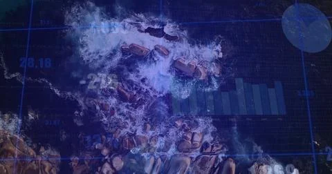 Displaying digital grid, bar chart, data labels over churning waves with rocky Stock Photos