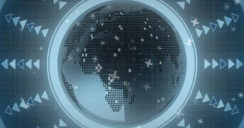 Displaying digital grid globe rotating in dashboard, with HUD ring arrows and Stock Illustration