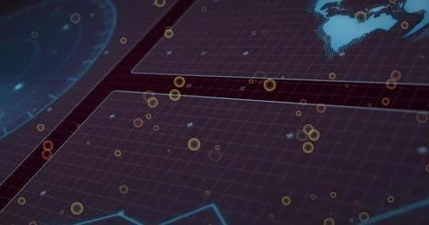 Displaying digital grid interface with floating amber nodes, dotted world map Illustrazione stock