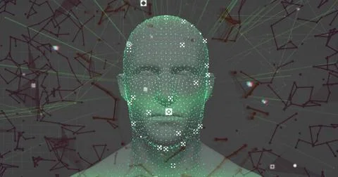Displaying digital head mesh floating on grid background, with data nodes and Foto stock