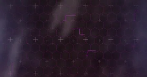 Displaying digital hex grid with plus-shaped markers and corner brackets over Stock Photos