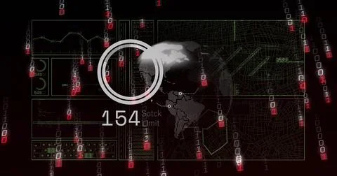 Displaying digital HUD in dark space with dotted continent map, rings, value 154 Illustrazione stock