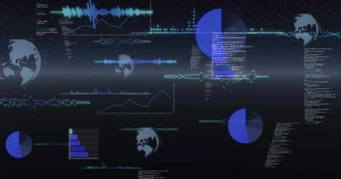 Displaying digital HUD dashboard on dark monitor, showing globe icons, Stock Illustration