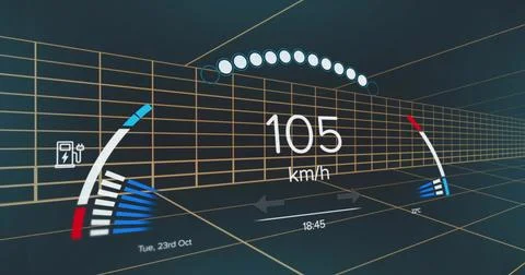Displaying digital HUD dashboard projecting over 3D wireframe grid, showing 105 Stock Photos