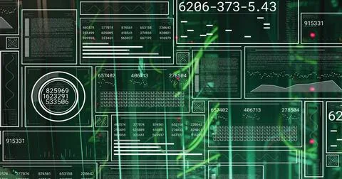 Displaying digital HUD dashboard in virtual interface, with neon-green waveform Stock Photos