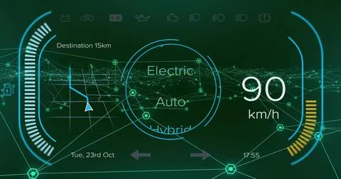 Displaying digital HUD at driver perspective, showing 90km or h readout, mode Stock Illustration