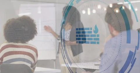 Displaying digital HUD firewall icon in conference room, with presenter next to Stock Photos