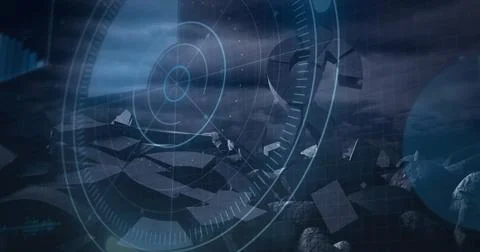 Displaying digital HUD scanning asteroid field, with floating debris and circles Stock Photos