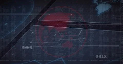 Displaying digital HUD showing centered red target world-map overlay in command イラスト素材