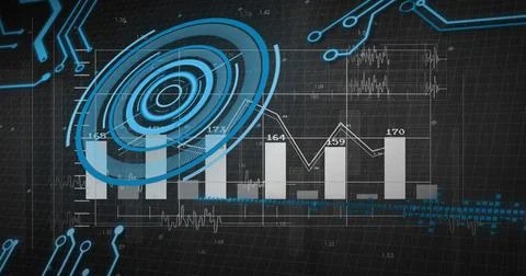 Displaying digital HUD showing concentric blue radar and bar line charts on dark Illustrazione stock