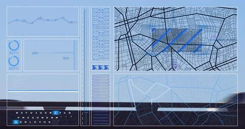 Displaying digital HUD showing map panels, telemetry, gauges and keyboard at Stock Illustration