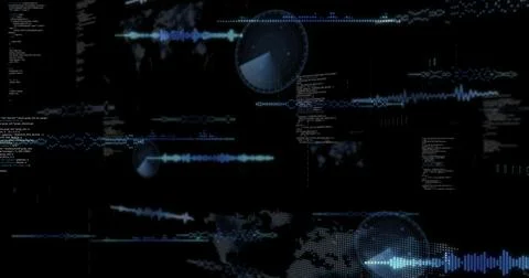Displaying digital HUD with waveform traces, radar circles, dotted world map on Stock Photos