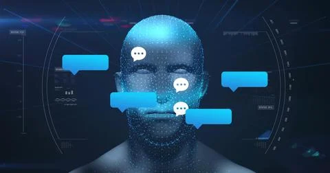 Displaying digital humanoid head pulsing blue particles in virtual interface, Stock Illustration