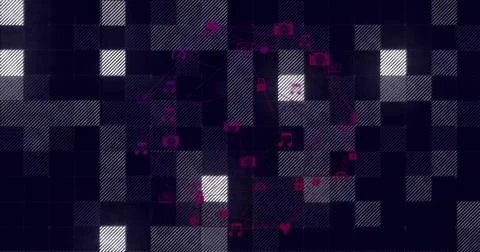 Displaying digital icons hovering over checkered backdrop, with camera, chat  Foto stock