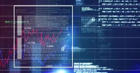 Displaying digital interface on blue screen, featuring translucent code panel, Stock Illustration