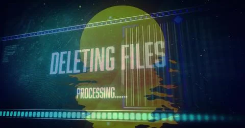 Displaying digital interface deleting files, processing text over yellow circ Stock Photos