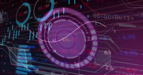 Displaying digital interface featuring circular HUD at center on screen, with Illustrazione stock