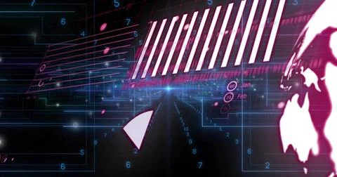 Displaying digital interface on glowing grid, with bar-chart stripes, triangle 스톡 사진