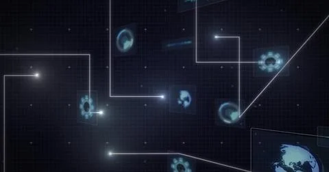 Displaying digital interface on grid with gridlines, glowing node connections 写真素材