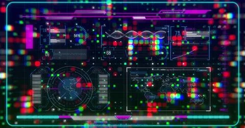 Displaying digital interface in holographic console with circular gauge, DNA Stock Photos