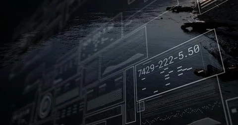 Displaying digital interface overlay hovering above dawn waterfront, with hol Stock Photos