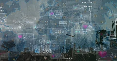 Displaying digital interface overlay over city skyline at dusk, with world map Stock Photos