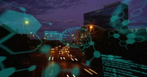 Displaying digital interface overlay over city highway at dusk, with hexagonal 스톡 사진