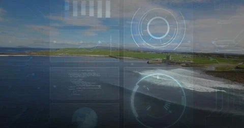 Displaying digital interface overlay over coastal shore, with futuristic HUD Stockfoto's