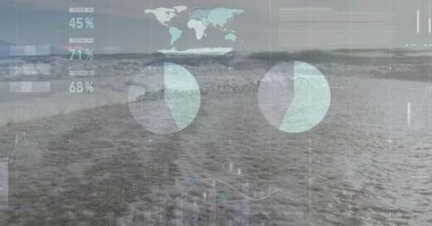 Displaying digital interface overlaying beach shore, with world map, percent Stock Photos