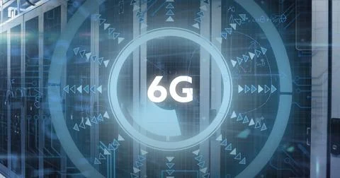 Displaying digital interface projecting glowing 6G text in server rack room, Stock Photos