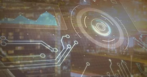 Displaying digital interface on screen, with grid lines connector lines radial Stock Photos