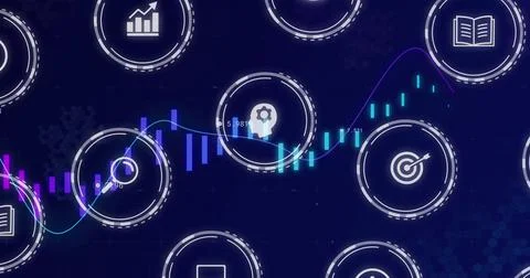 Displaying digital interface showing circular icons and metrics over line graph Stock Photos