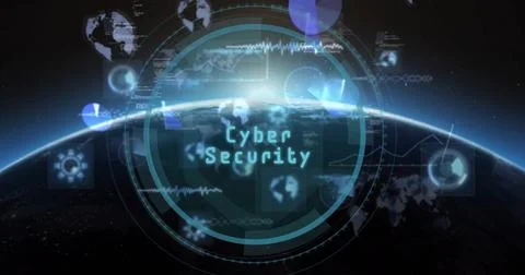 Displaying digital interface showing Cyber Security at edge of space, with rings Foto stock