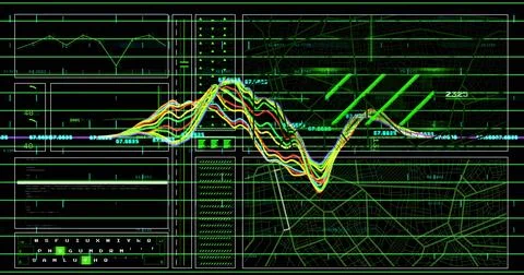 Displaying digital interface showing multicolored waveform chart and numeric Stock Illustration