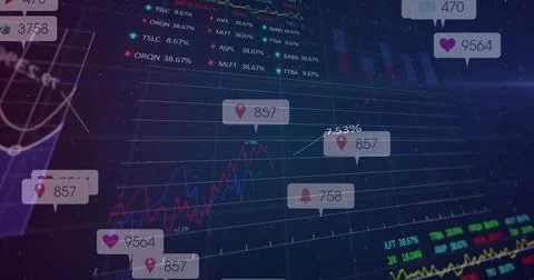 Displaying digital interface showing red and blue trends at trading desk, with Stock Photos