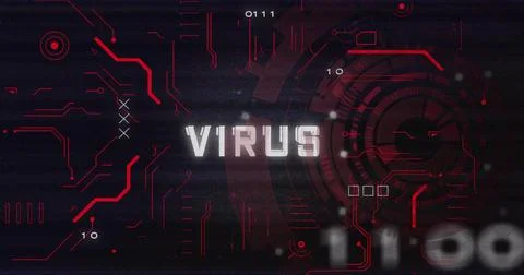 Displaying digital interface showing VIRUS at security screen, with red lines 스톡 사진