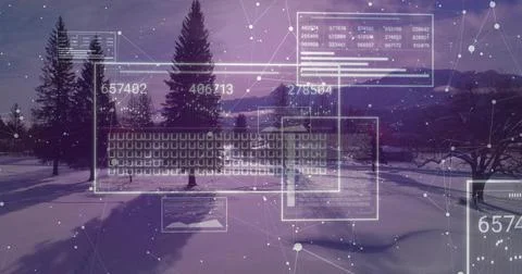 Displaying digital interface in snowy clearing showing data panels node graph Stock Photos