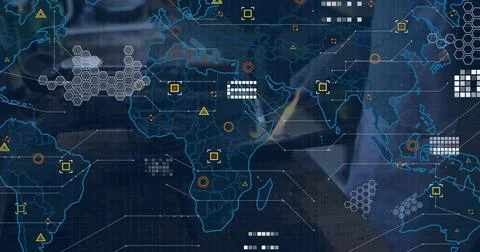 Displaying digital map in office showing hex clusters, alert icons on glass, Foto stock