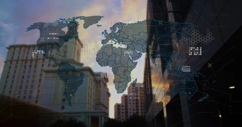 Displaying digital map overlay linking nodes over city skyline at sunset, Stock Photos