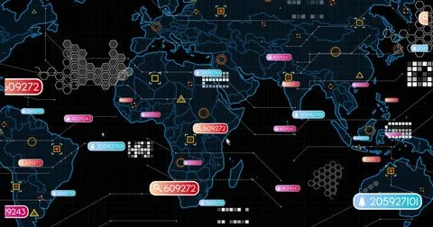 Displaying digital map showing data points in interface, with hex grids and 스톡 일러스트