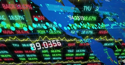 Displaying digital market data overlay on trading interface, with ticker symbols Stock Illustration