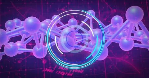 Displaying digital molecule chain with translucent spheres on dark grid, with Foto stock