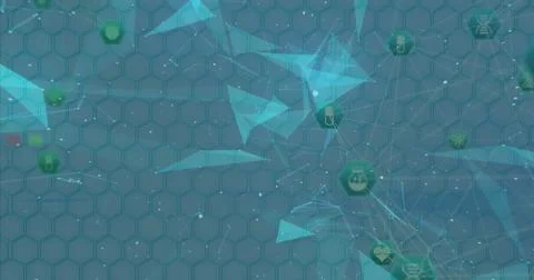 Displaying digital network on blue-green hex grid, with polygon triangles and Stock Photos