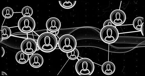 Displaying digital network graph moving on dark field, with glowing user icons, 스톡 일러스트