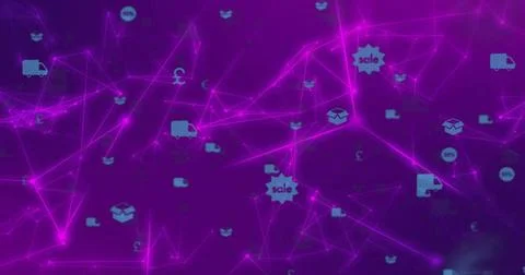 Displaying digital network graphic pulsing over purple background, with Ilustração Stock