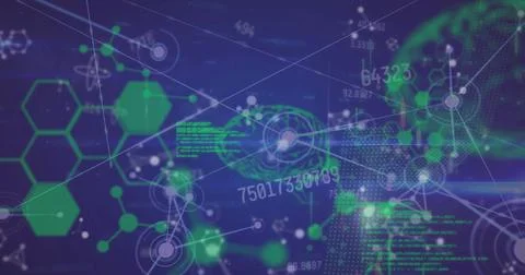 Displaying digital network interface in dark blue field, with green hexagons and Foto stock