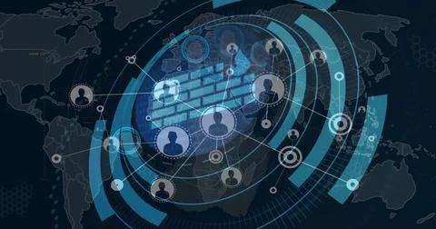 Displaying digital network interface overlaying world map, showing firewall icon Foto stock