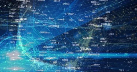 Displaying digital network mesh glowing in cyberspace, with nodes, lines, globe Foto stock