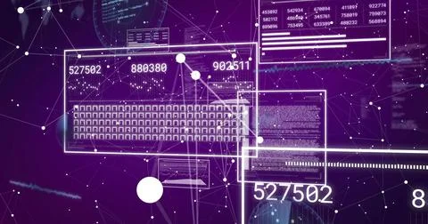 Displaying digital network mesh in purple cyberspace, with keyboard grid panel 스톡 사진